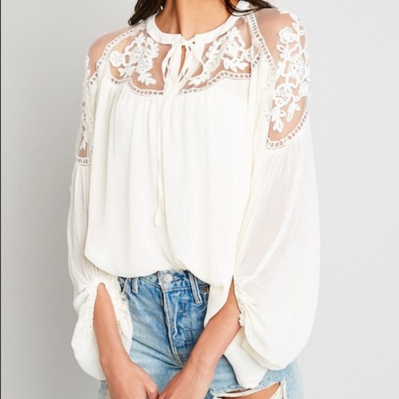 White Lace Sheer Tie Front Peasant Boho Top Blouse - Picture 4 of 5